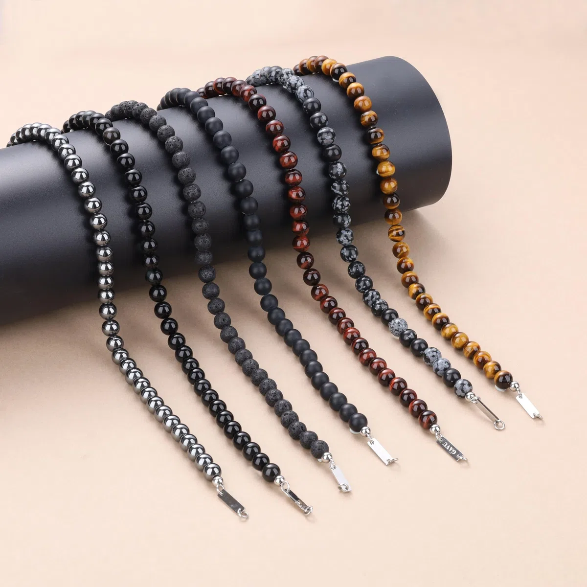 GAVU Collana Fleur de Lis da Uomo con Perle di Pietre Naturali e Cristalli, Collana Uomo Perline Pietre Dure, Ematite, Occhio di Tigre, Ossidiana, Pietra Lavica, Onice