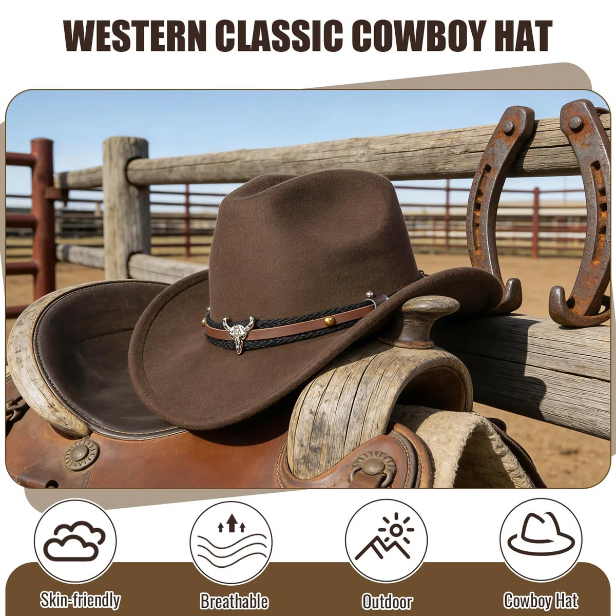 Cappello da Cowboy per Donne e Uomini, Cappelli da Cowgirl in Finta Pelle e Feltro con Tesa Larga per Esterni con Cinturino, Marrone