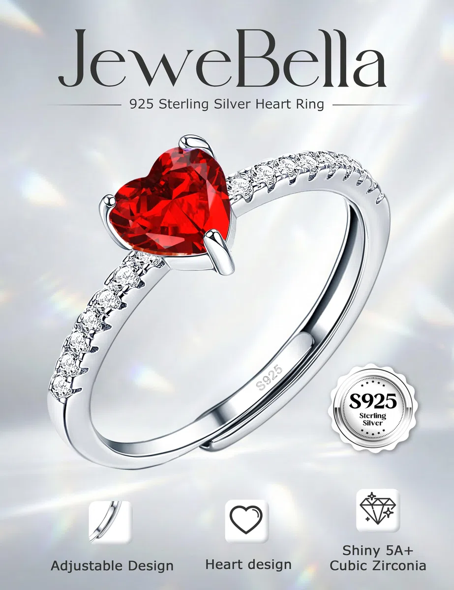 JeweBella Anello Cuore Argento 925 Donna Elegante Anello Cuore Regolabile Zirconia Cubica Amicizia Fidanzamento Matrimonio Anniversario Promessa Fedine