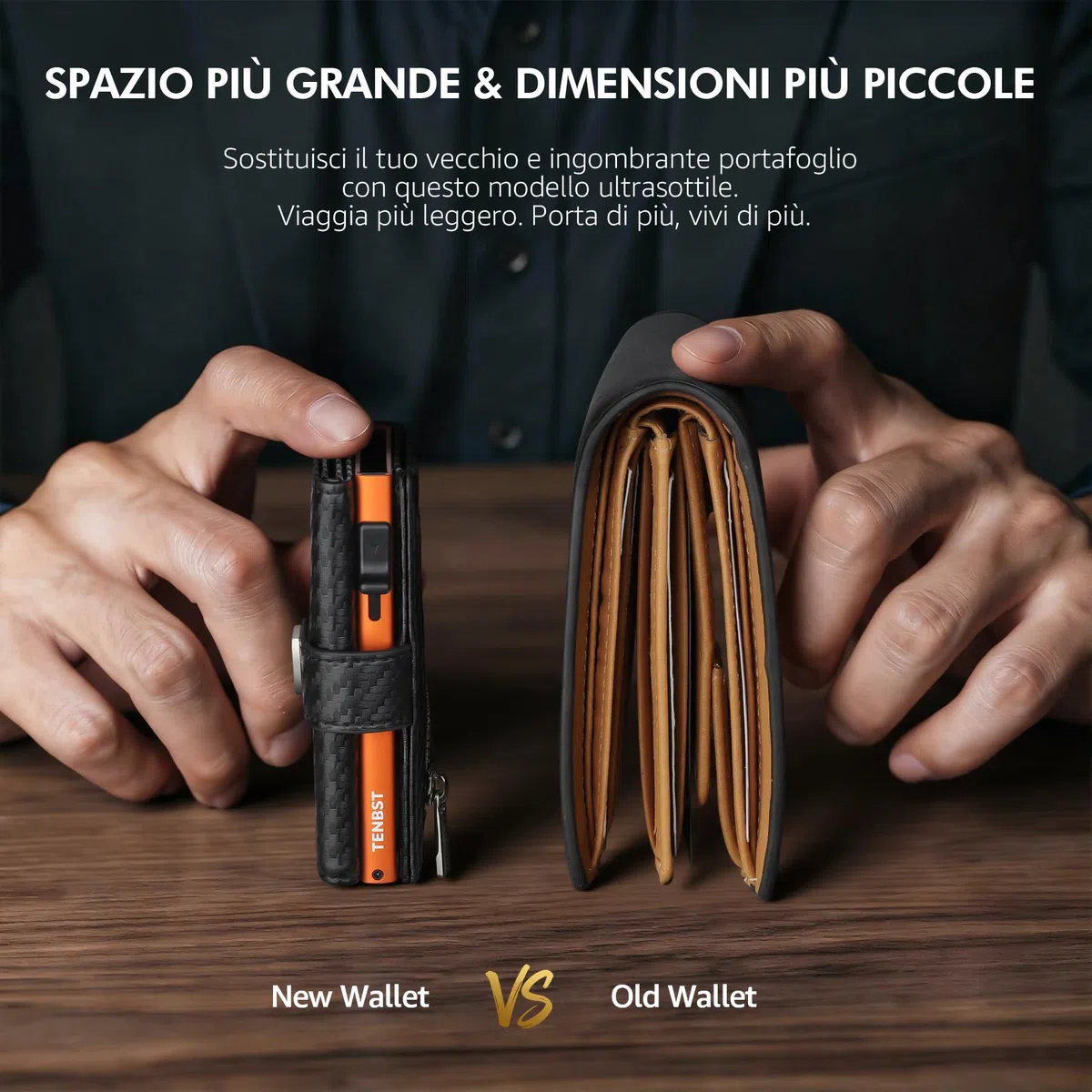 TENBST Portafoglio Uomo - Ultrasottile Pochette Uomo con Tasca Portamonete & Protezione RFID, Porta tessere piccolo premium, Porta carte di credito di lusso per 10 carte di credito (Nero & Arancione)