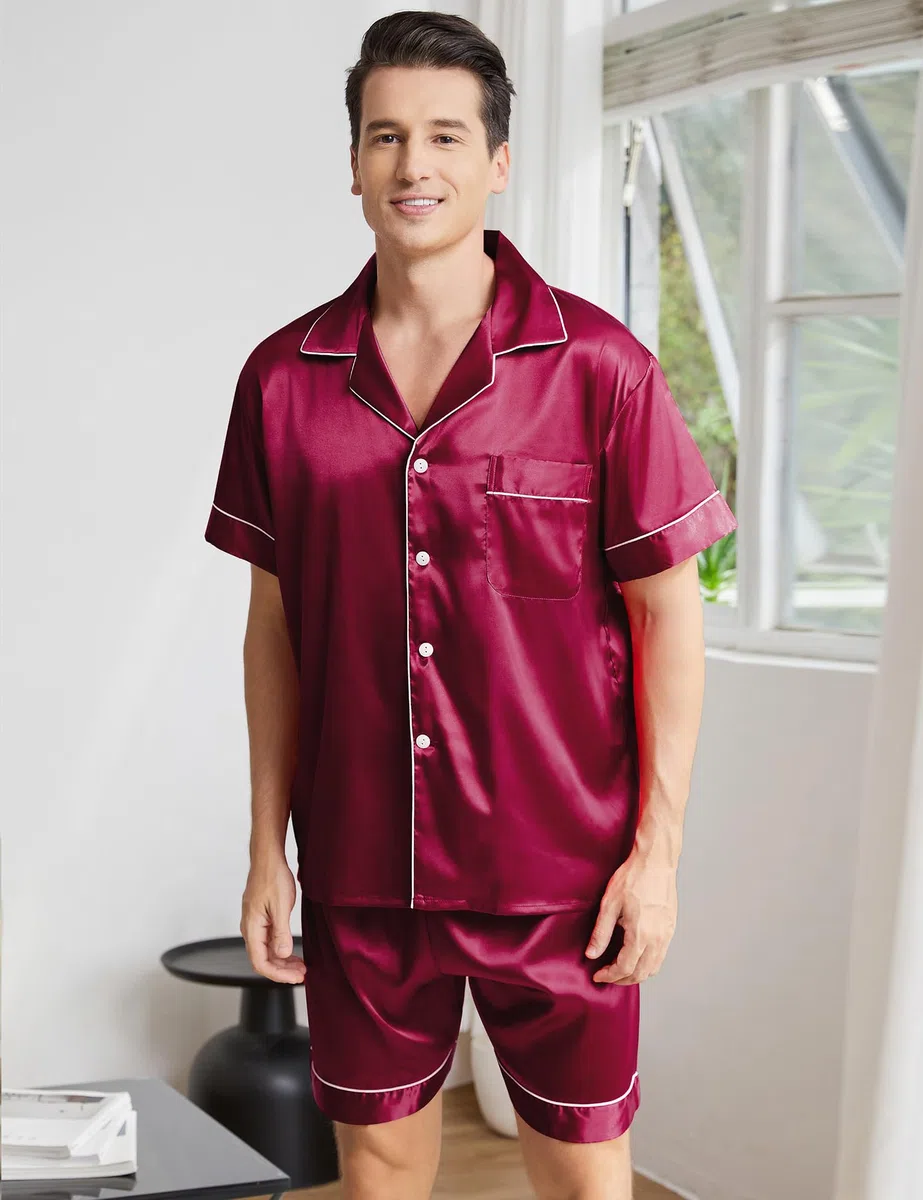 Pigiami Due Pezzi da Uomo Pigiama Raso con Bottoni Set Pigiama Top a Maniche Corte con Tasche e Pantaloncini Pigiama Uomo Corto Estivo Classic