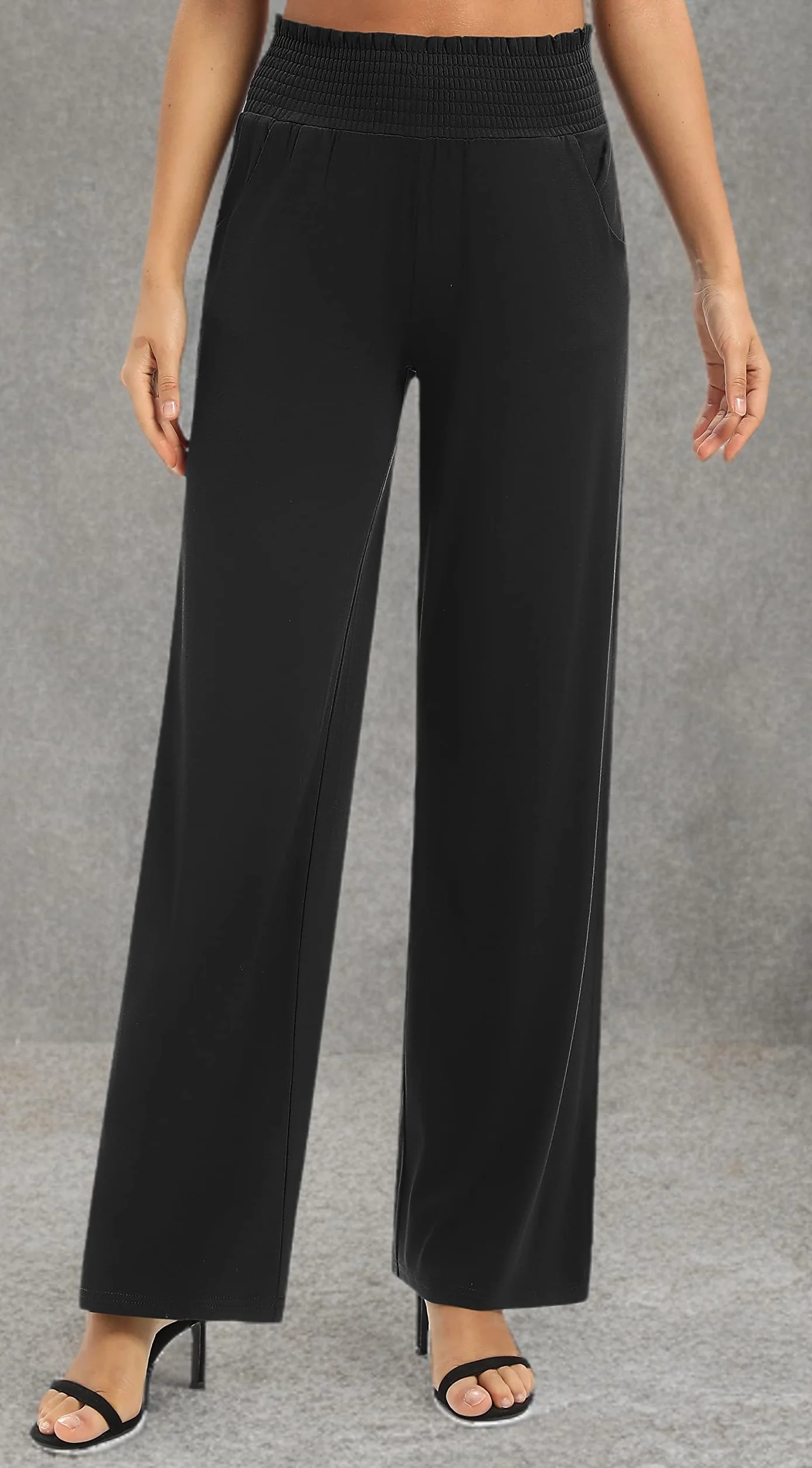 Donna Solido Sciolto Gamba Dritta Palazzo Pantaloni A Vita Alta Elastico Casual Pantaloni con Tasche