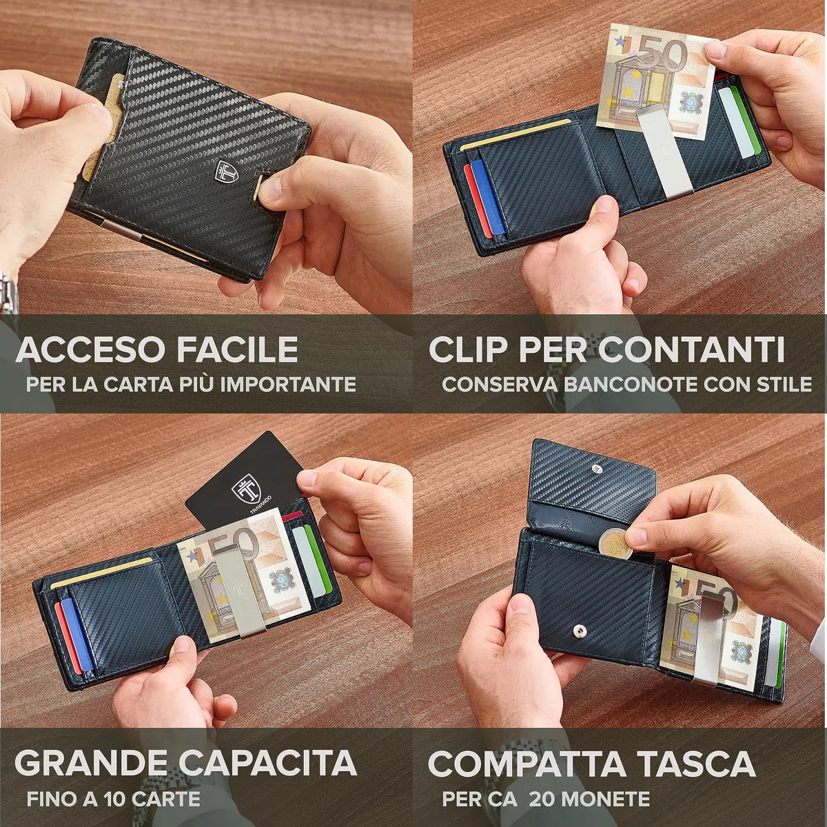 TRAVANDO Portafoglio uomo sottile con Clip per Contanti BRISBANE Protezione RFID Porta carte di credito Portafogli Porta tessere slim tascabile, Portatessere Raccoglitore banconote (Carbon)