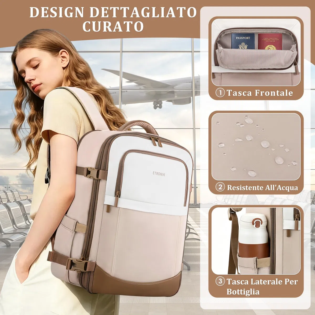 ETRONIK Zaino Ryanair 40x30x20 Sottosella, Zaino da viaggio aereo cabina espandibile 24-30L, Bagaglio a mano compatibile Wizz Air, Easyjet, Borsa da viaggio adatta per laptop 15,6 pollici, Cachi