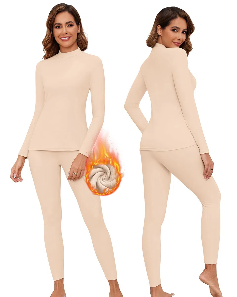 WOWENY Biancheria intima termica da donna in pile, biancheria intima invernale calda, funzionale, con colletto alto e pantaloni termici, leggings per tutti i giorni, sci, escursionismo