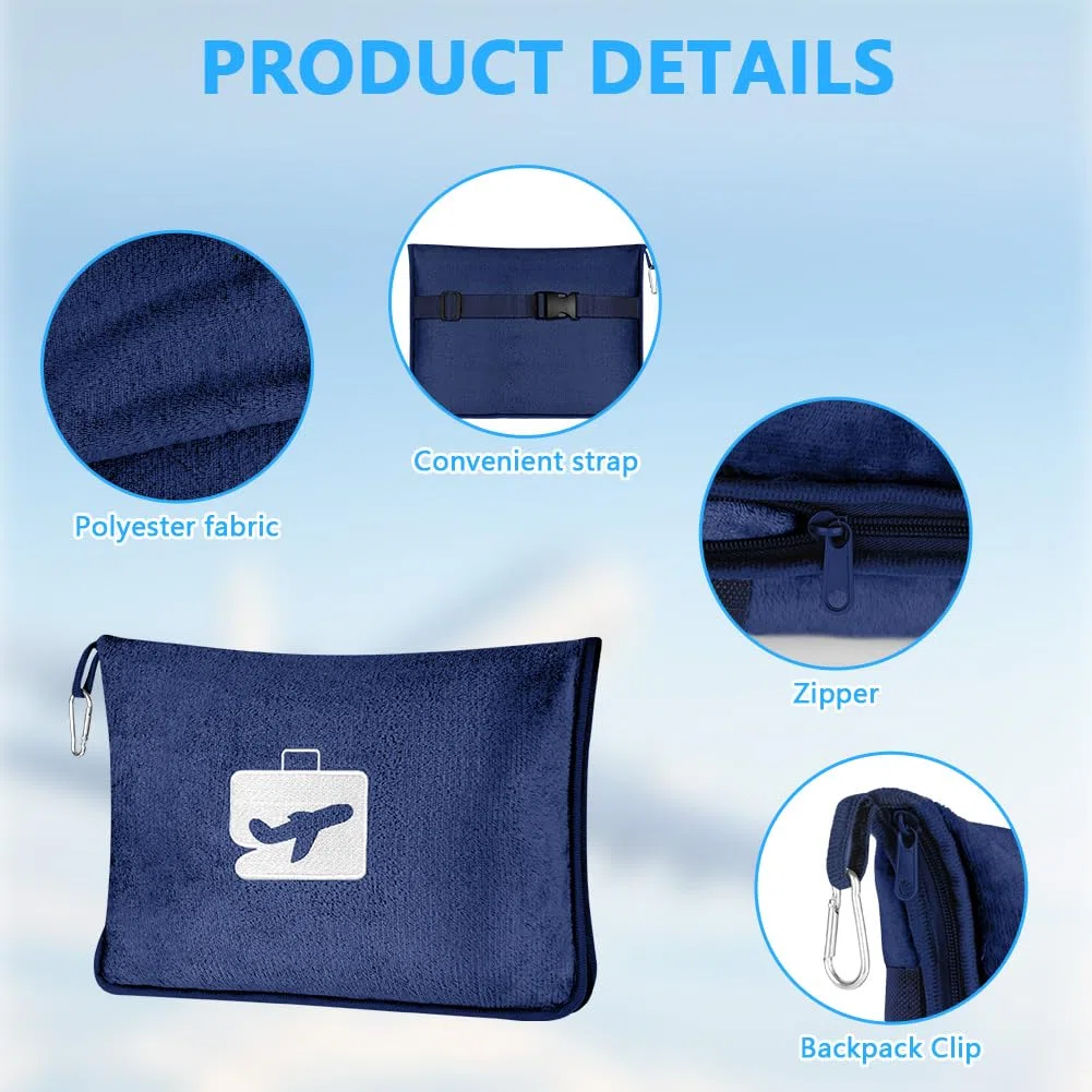 Flintronic Coperta da Viaggio 2 in 1, 155 x 130 cm, morbida coperta aeronautica con federa e tappi per le orecchie, ultraleggera per vacanze, ufficio, casa, viaggi d'affari (blu
