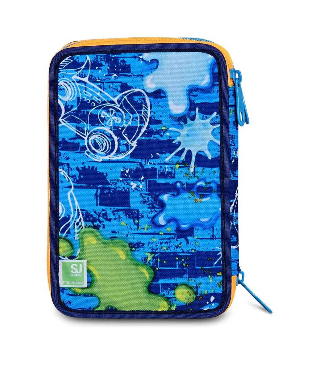 SJ GANG STYLE JAM GANG Astuccio Scuola 3 zip JOYFUL PINS BOY, Blu, Triplo Scomparto, 45 pezzi, Portapenne Attrezzato, Completo di matite, penne e colori, Accessori Zaino, Scuola elementare, Bambino