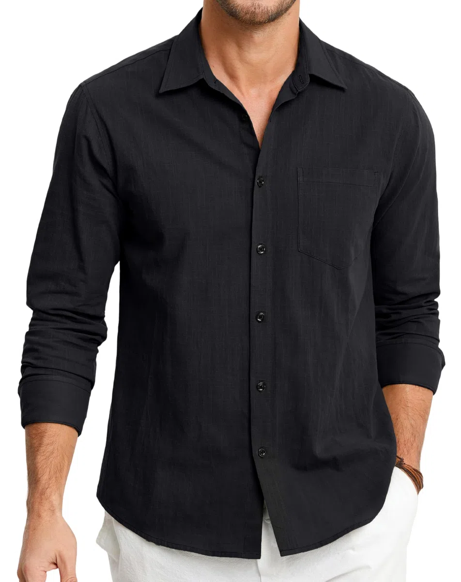 HISDERN Camicie in Lino e Cotone Uomo Manica Lunga Causal Bottoni Regular Fit Estiva Leggere Camicia Spiaggi Shirts con Taschino