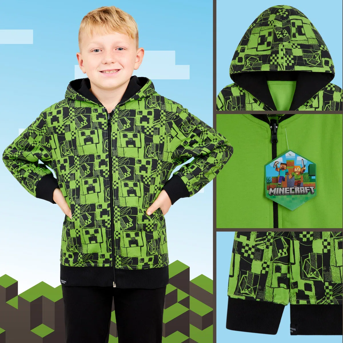 MINECRAFT Felpa Bambino - Felpa con Cappuccio e Zip in Cotone Misto 5-14 Anni Felpe Ragazzo Reversibili Gadget Regali per Gamer
