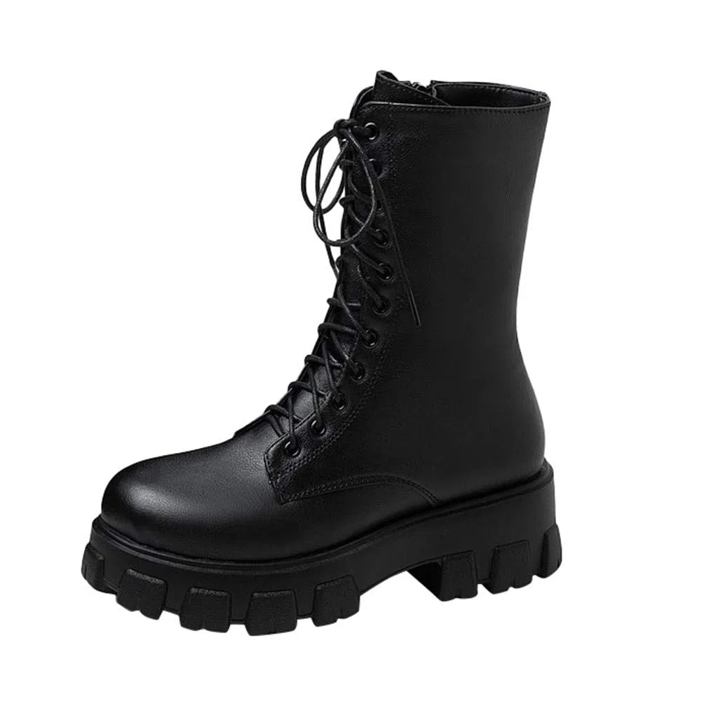 Stivali stringati da donna, da combattimento, da donna, in pelle, con plateau, da equitazione, per autunno, inverno, da lavoro