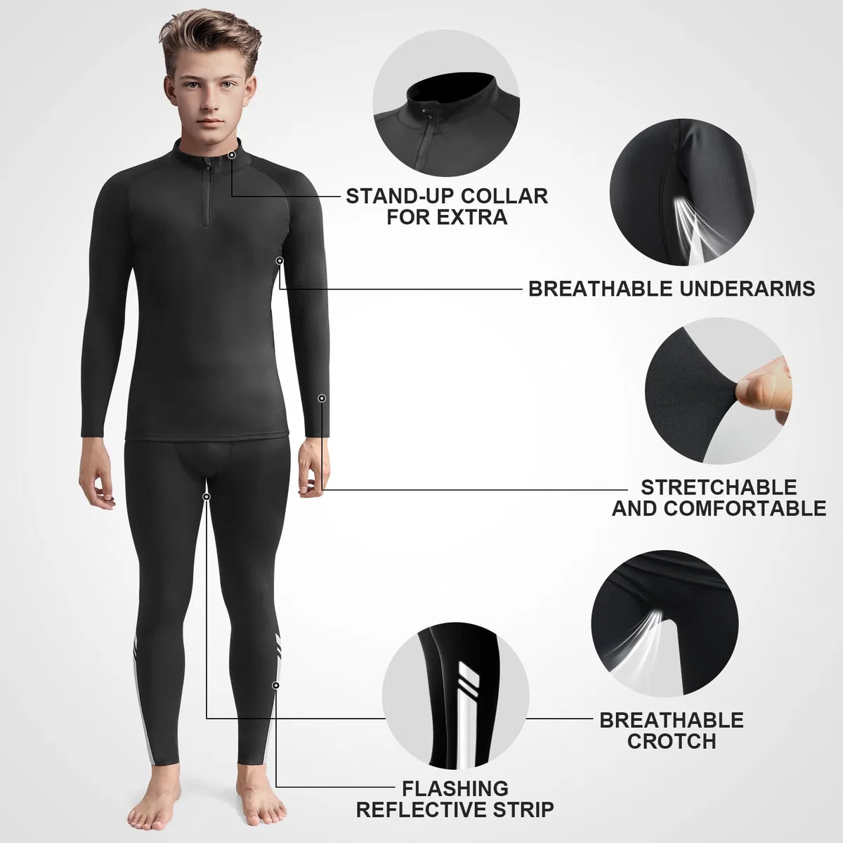 Set di intimo termico per bambini, con colletto, a compressione, a doppio strato, traspirante, per sport, calcio, basket e sci