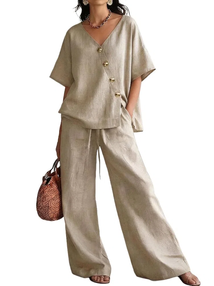 shownicer Completo Donna Lino Tuta Elegante Estiva Curvy Completo in Lino 2 Pezzi Set Maniche Corte Top E Pantaloni Completi Tute Due Pezzi Set