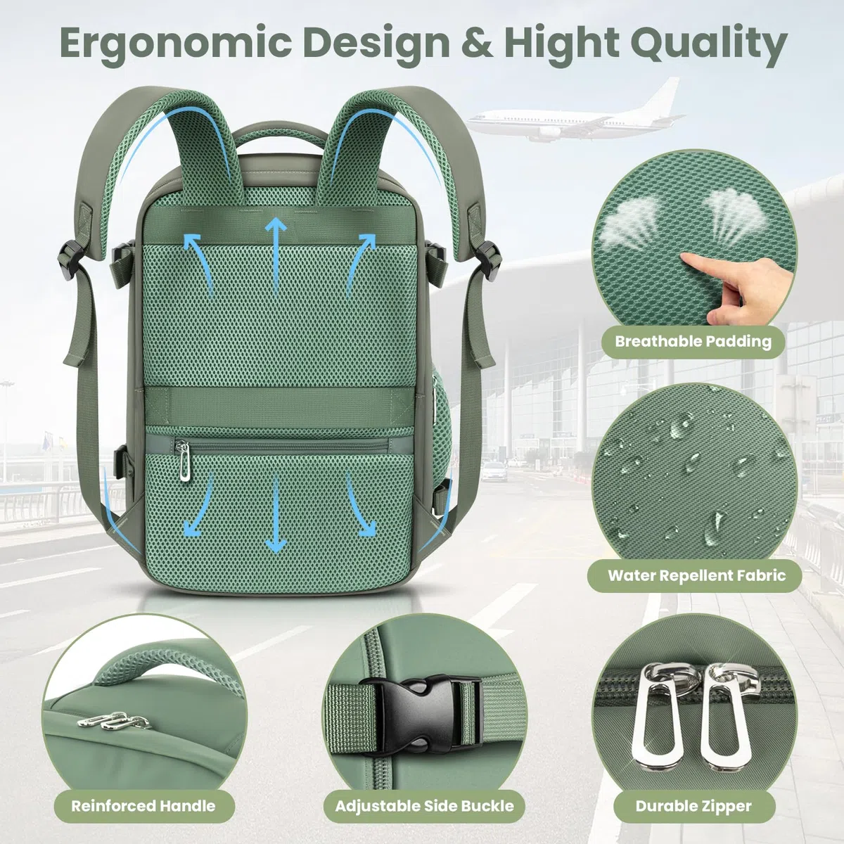 OTAHGK Zaino da Viaggio 40 × 30 × 20 per Ryanair, Bagaglio a Mano Sotto il Sedile Aereo Borsa da Cabina Voli Zaini Casual Valigia Ufficio Scolastico Lavoro Borse Adatto a Laptop da 14 pollici-Verde