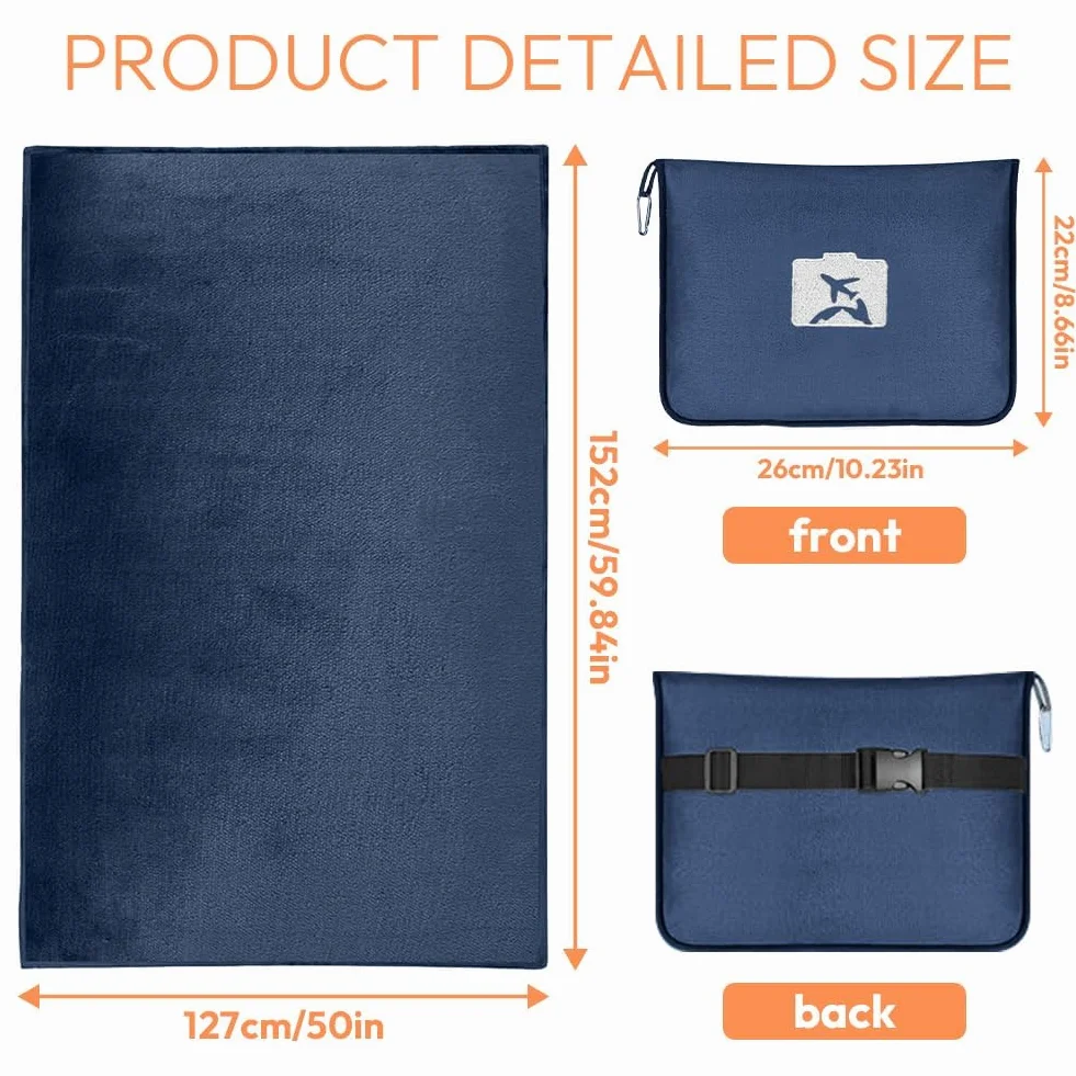 Coperta da viaggio 2 in 1, ultra leggera, calda, per auto, 152 x 127 cm, per vacanze, ufficio, casa, viaggi d'affari (blu marino)