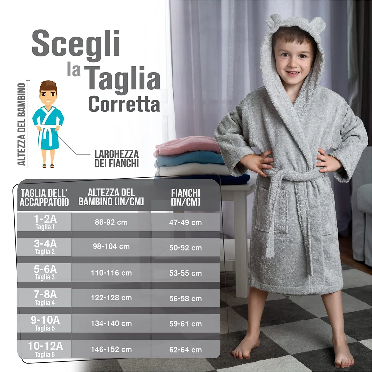 Twinzen - Accappatoio Bambini Cotone : Ragazzo e Ragazza - 100% Cotone OEKO-TEX® Senza Prodotti Chimici - 2 Tasche, Cintura, Cappuccio con Orecchie