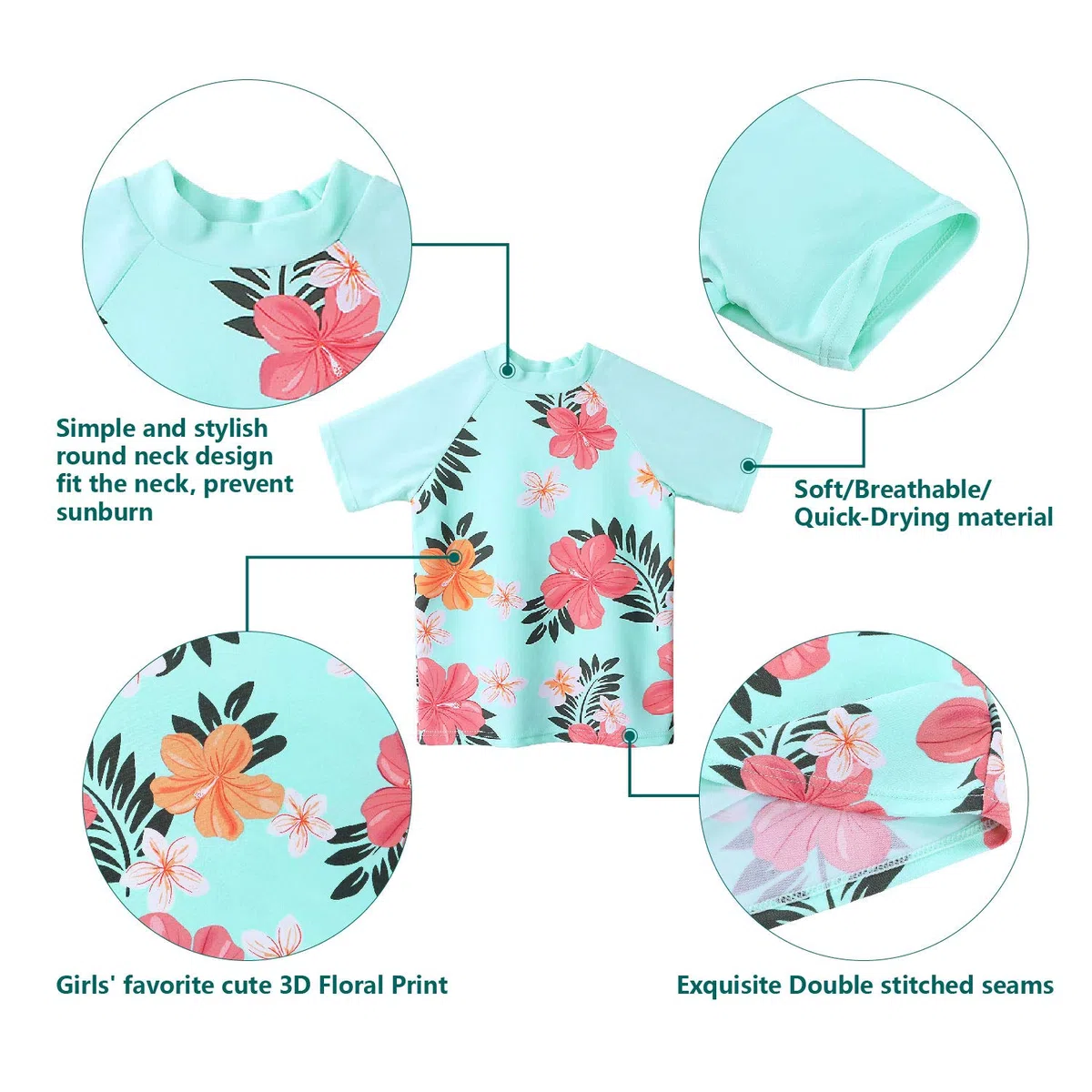 Ragazze Sunwear - Bambina Bambini Junior Maniche Corte Due Pezzi Costumi Bagno da Maglietta e Pantaloncini Rash Guard Anti UV UPF 50+ Set Spiaggia