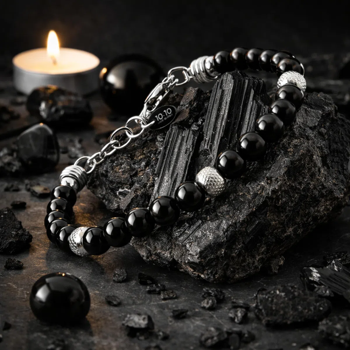 10:10 Bracciale Uomo Donna Tormalina Nera Naturale 6 mm – Beads in Acciaio Inox, Braccialetto Regolabile, Comodo e Resistente all’Acqua – Idea Regalo, Made in Italy