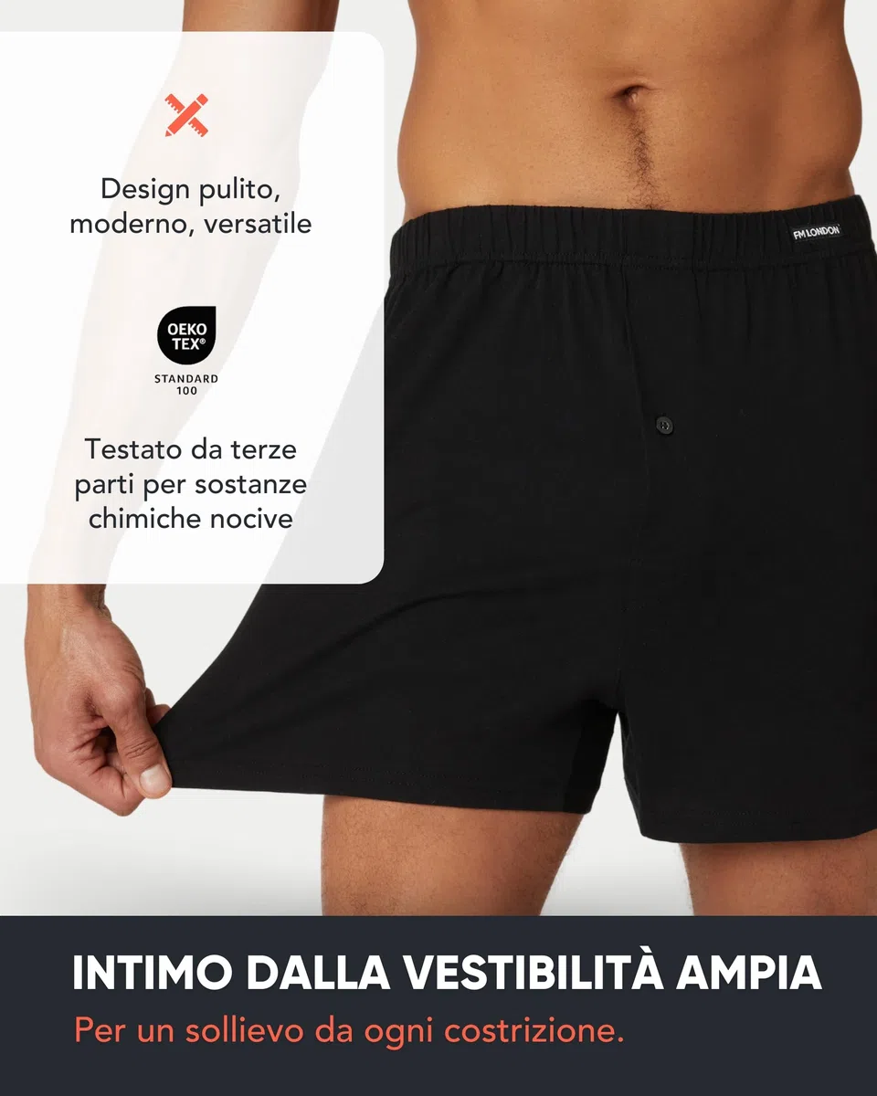 FM London Confezione da 5 Boxer Uomo Cotone 100 per Cento - Boxer Larghi Modello Loose Fit - Intimo Uomo Super Morbido in Tinta Unita con Patta con Bottoni e Comoda Fascia Elastica in Vita