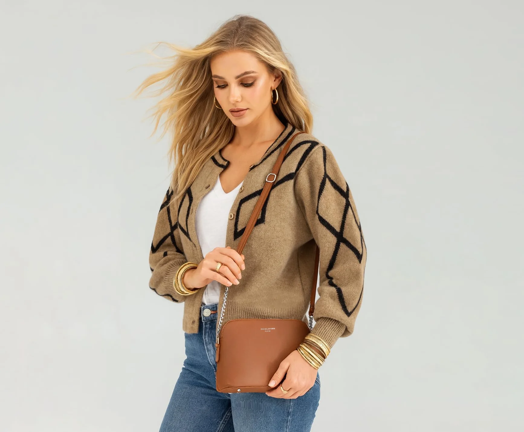 David Jones - Piccola Borsa a Tracolla Spalla Donna Catena - Borsa Mano PU Pelle Messenger Crossbody Bag - Clutch Borsetta Sera Pochette Moda - Shopping Viaggio Sacchetto Borsello - Bianco