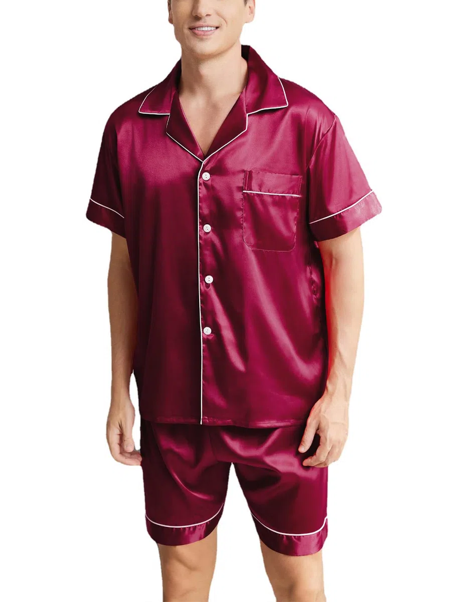 Pigiami Due Pezzi da Uomo Pigiama Raso con Bottoni Set Pigiama Top a Maniche Corte con Tasche e Pantaloncini Pigiama Uomo Corto Estivo Classic