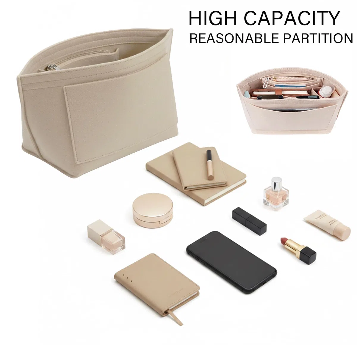 Organizer per Borsa in Feltro con Tasche Multiple – Inserto per Borsa con Tasca con Zip, Organizer Leggero per Tote Bag, Beige, L