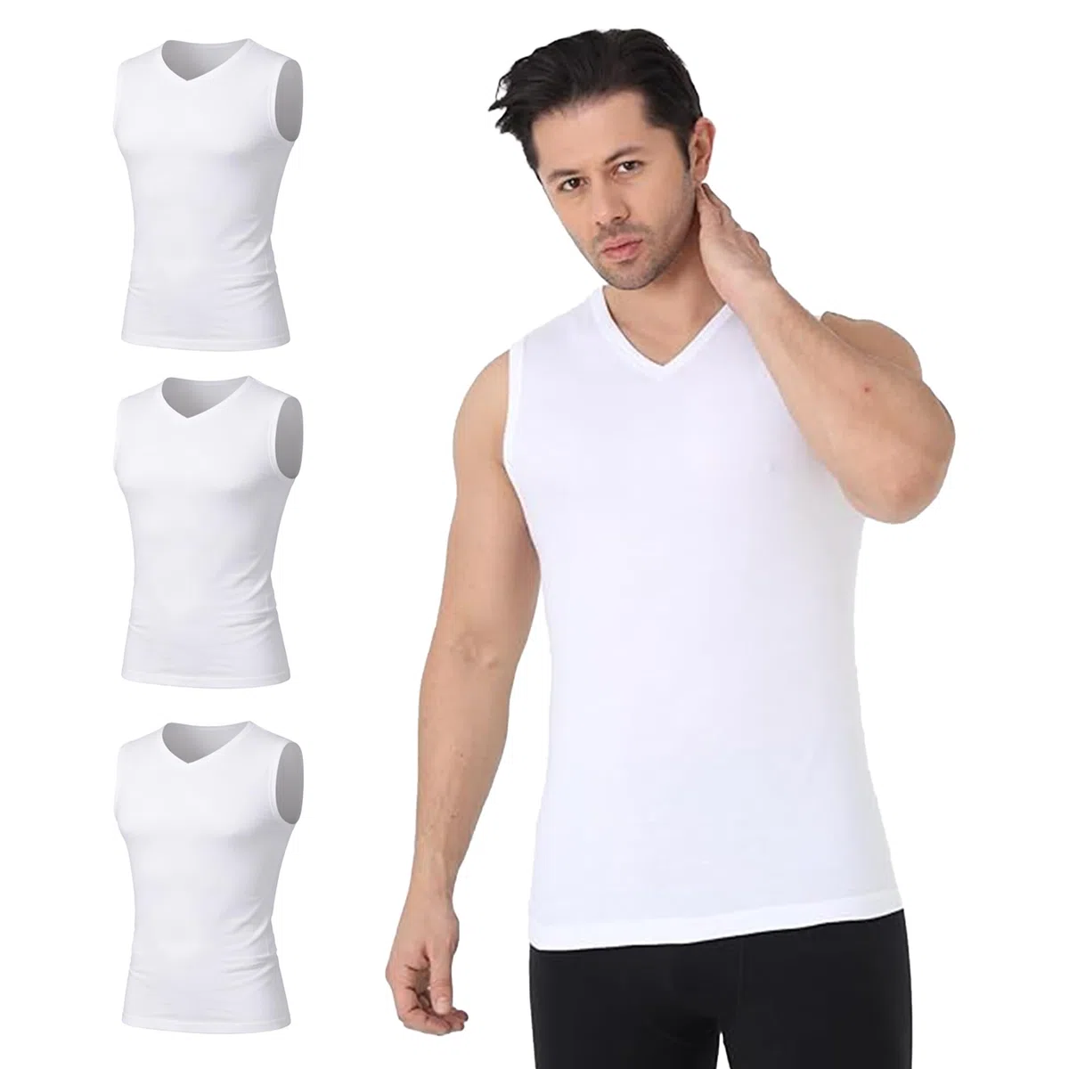 Canottiera da uomo, confezione da 3, 100% cotone, traspirante, scollo a V