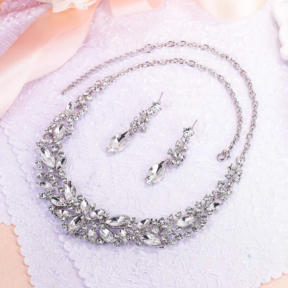 Set di Gioielli da Donna Cristallo Lacrime Pizzo Collana e Orecchini per Sposa Matrimonio Festa