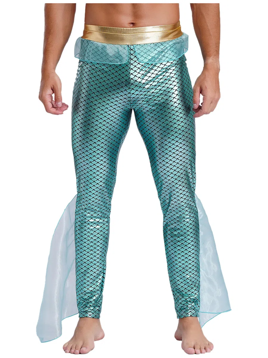 Costume Sirena Uomo con Stampa Squame Pesce Pantaloni Metallici Leggings Lucenti Pantaloni Ballo Costume Cosplay Carnevale E Fasching