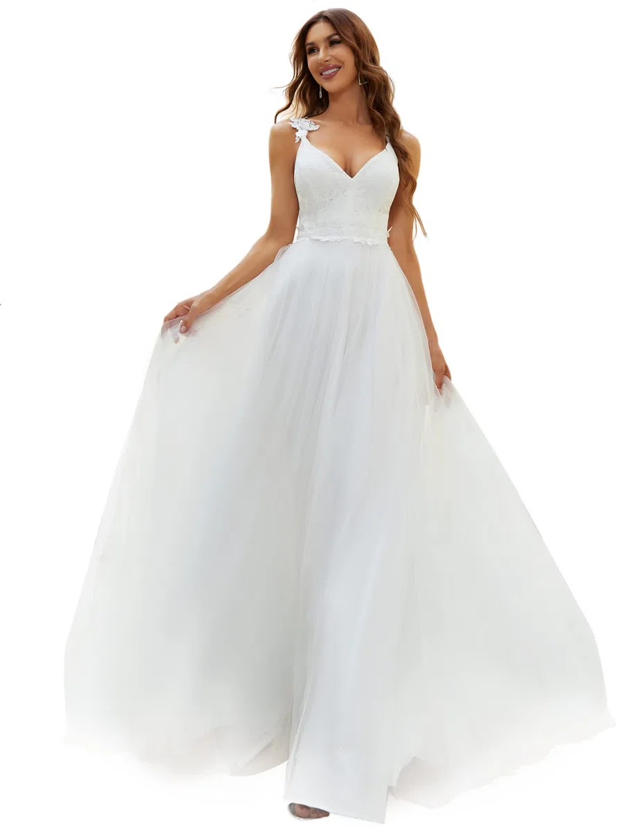Ever-Pretty Abiti da Sposa Lunghi Bianco in Chiffon di Pizzo Scollo a V Senza Maniche con Stile Impero da Donna Linea ad A 00216
