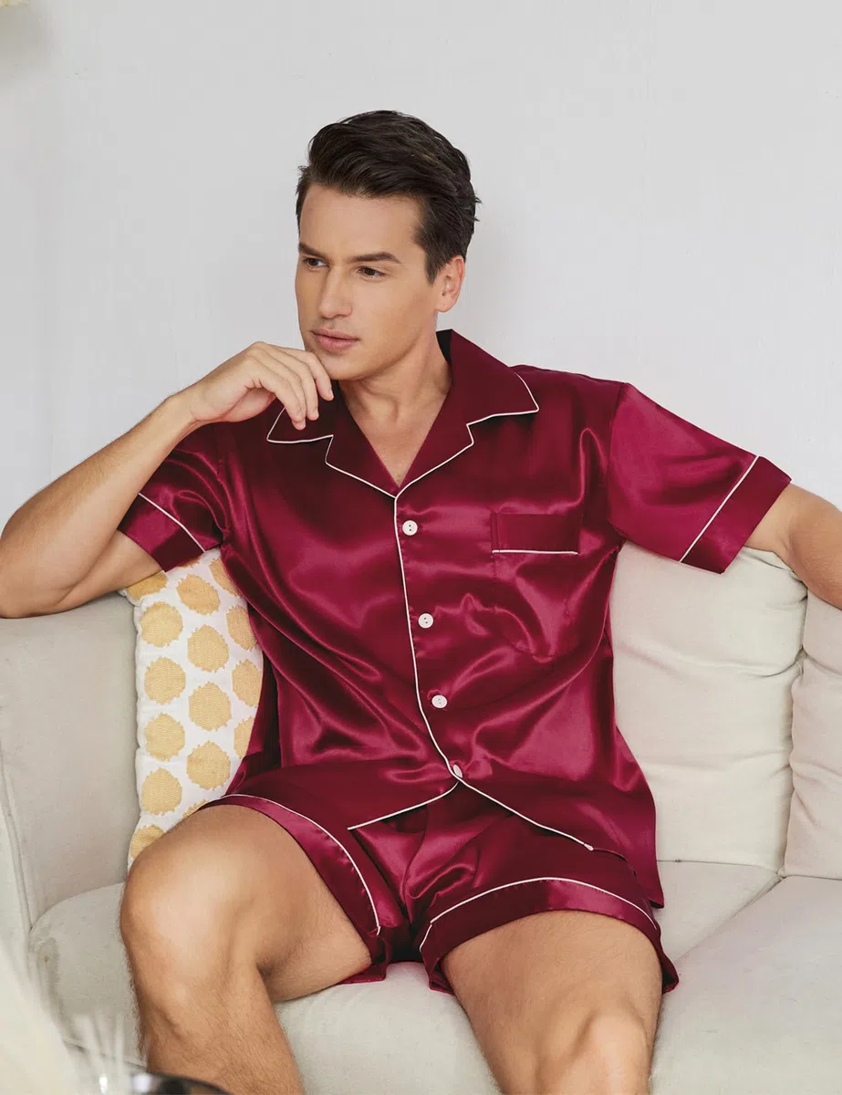 Pigiami Due Pezzi da Uomo Pigiama Raso con Bottoni Set Pigiama Top a Maniche Corte con Tasche e Pantaloncini Pigiama Uomo Corto Estivo Classic