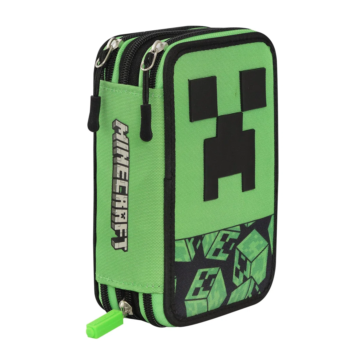 MINECRAFT - Astuccio Scuola Ufficiale Minecraft, Astuccio 3 Scomparti Bambini e Ragazzi con Set Cancelleria Incluso, 5 Etichette Adesive Portanome e Pratica Chiusura a Zip, 13x20Hx7 cm