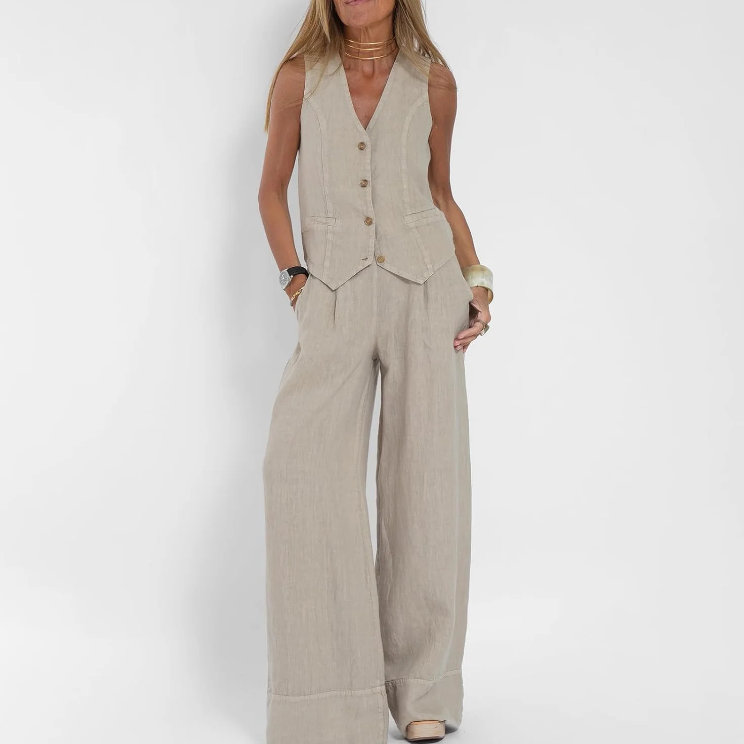 Abiti da donna Set da 2 pezzi con scollo a V senza maniche con bottoni gilet a gamba larga pantaloni a 2 pezzi blazer completo estivo in lino set abbinati
