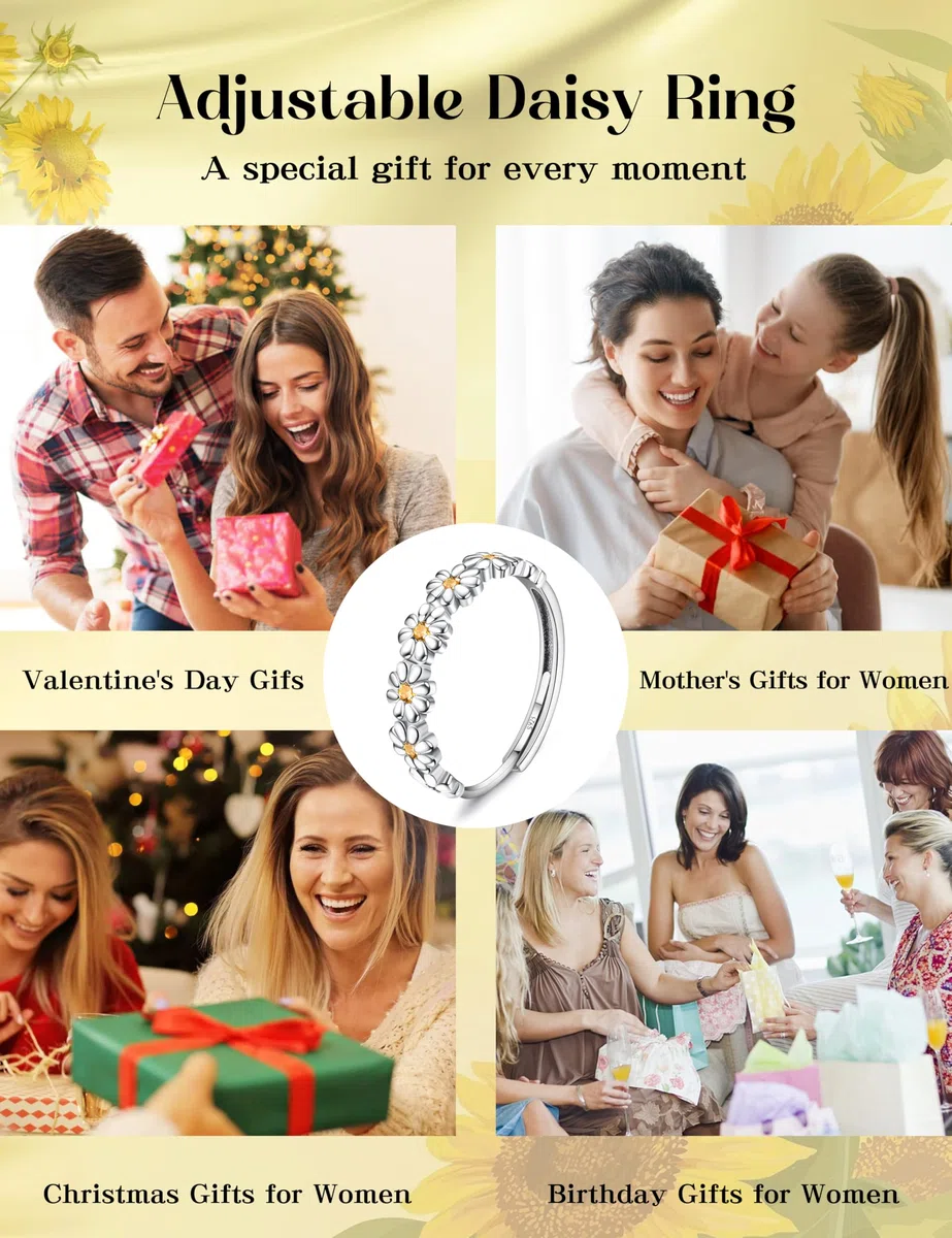 Milacolato Anelli Donna Argento 925 Anello Margherita Giallo/Rosa Zircone Cubico Anello Aperto Regolabile Sottile Statement Anelli da Dito Anello d'Argento Anelli per Pollice Donna Ragazze
