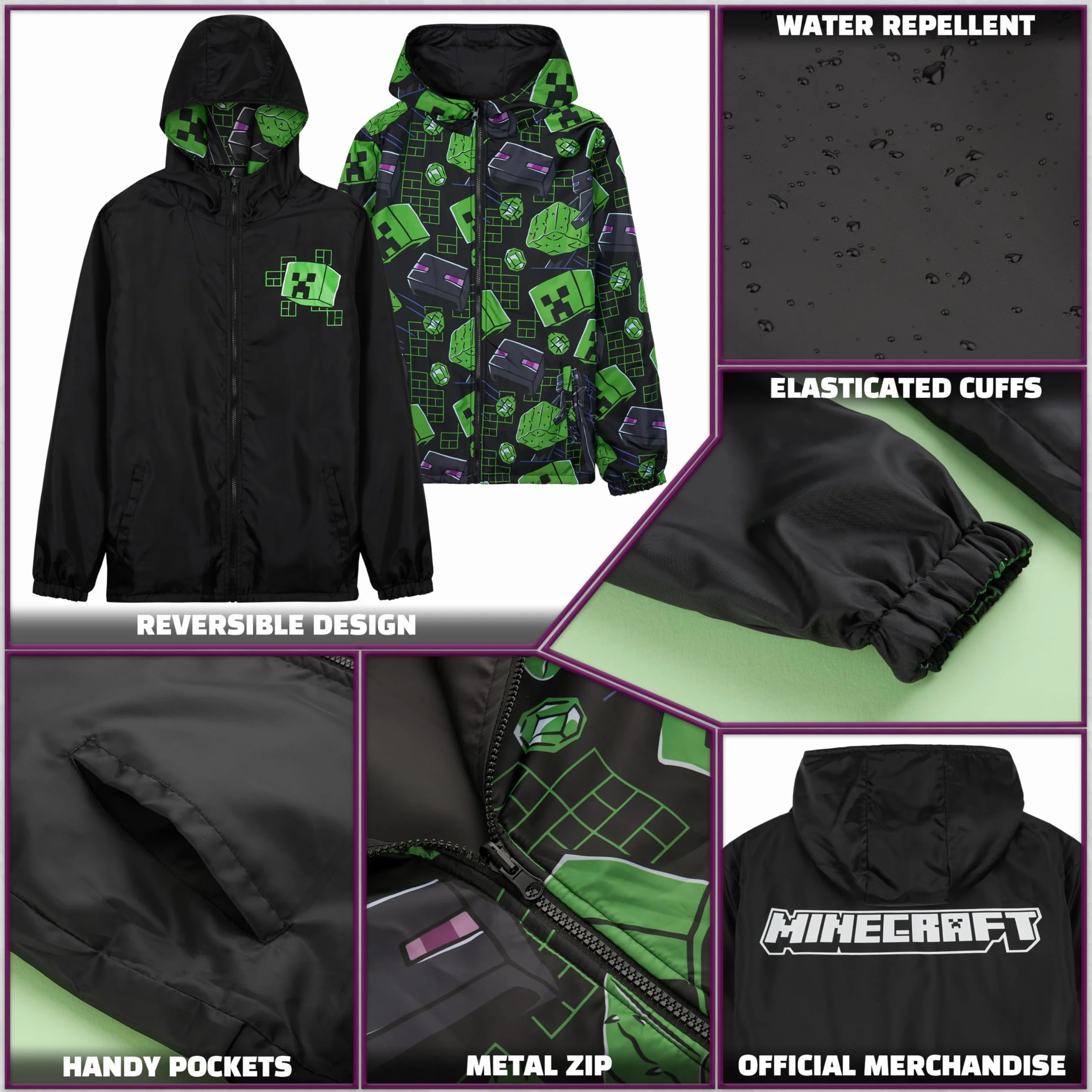 Get Trend Fortnite | Minecraft | Pokemon Giacca Impermeabile Bambino, Giacca Antipioggia con Fodera in Pile o Reversibile, Regalo Ragazzo