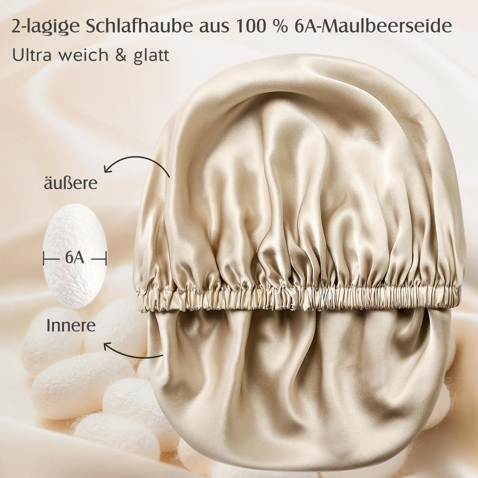 Umisleep 22 Momme - Cappello per Dormire in Seta di gelso, Doppio Strato per Capelli Ricci, Traspirante e Regolabile con Fascia Elastica, Colore Champagne, 53-63