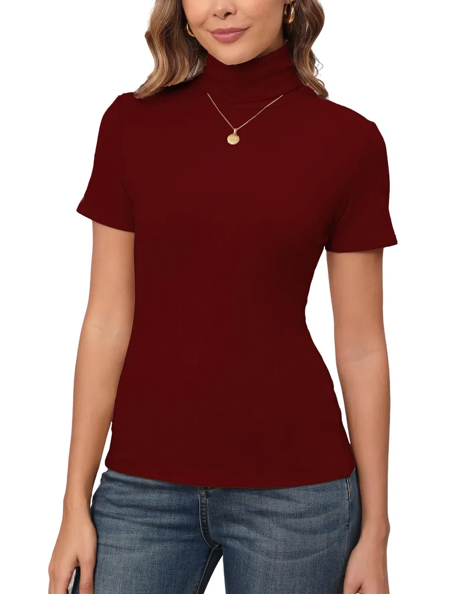 Enjoyoself Maglione Maniche Corte in Cotone Collo Alto Pullover Elegante a Maglieria