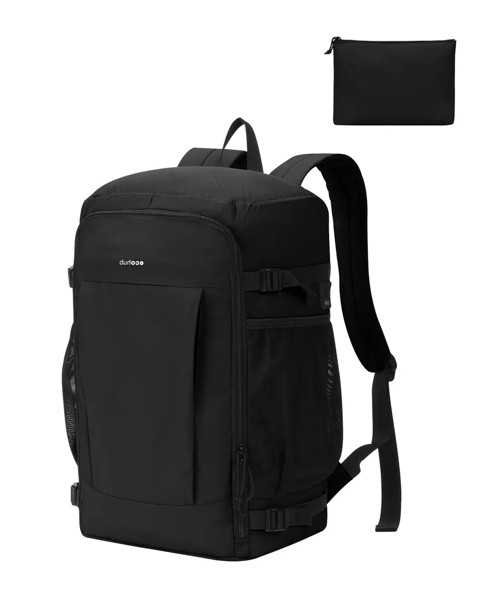 ECOHUB Zaino Ryanair 40x30x20 cm Leggero e 2 in 1, Zaino da Viaggio Pieghevole Sotto il Sedile, Bagaglio a Mano con Tasca Antifurto, Borsa da Cabina in Tessuto Riciclato per Uomo e Donna, Nero
