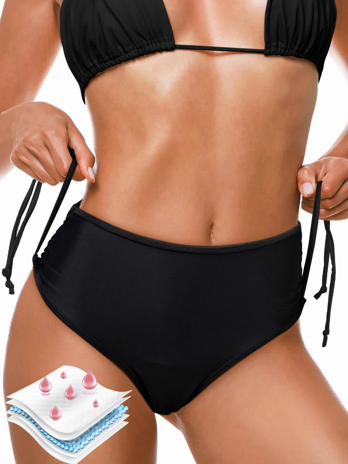 Periodi costumi da bagno per il nuoto da donna 4 strati a prova di perdite, pantaloni bikini a vita alta, costume da bagno nero adolescente ragazza periodi costume da bagno con coulisse