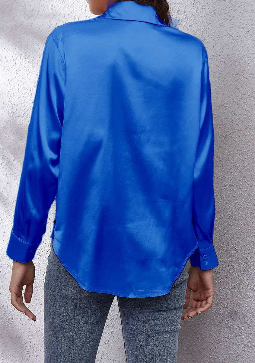 OMZIN Donna Raso Setoso Manica Lunga Camicette Chic Button Down Camicia Formale Lavoro Camicetta