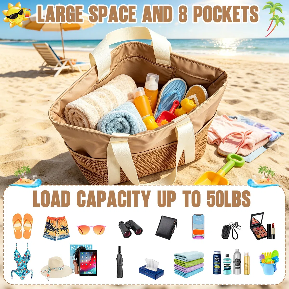 Borsa da spiaggia da donna, con chiusura lampo, grande borsa da spiaggia XXL, borsa per la famiglia, impermeabile, per piscina, borsa da spiaggia pieghevole