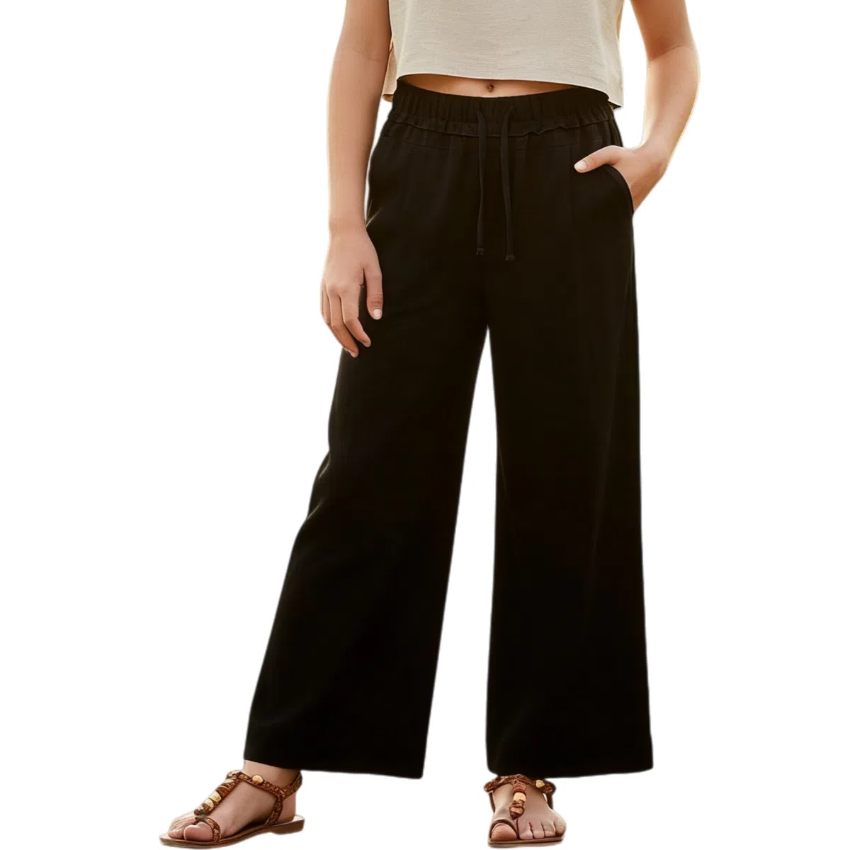 Rolanko Pantaloni di Lino per Ragazze, Vita Elastica Gamba Larga Pantaloni Palazzo Lounge Beach Fluidi con Tasche
