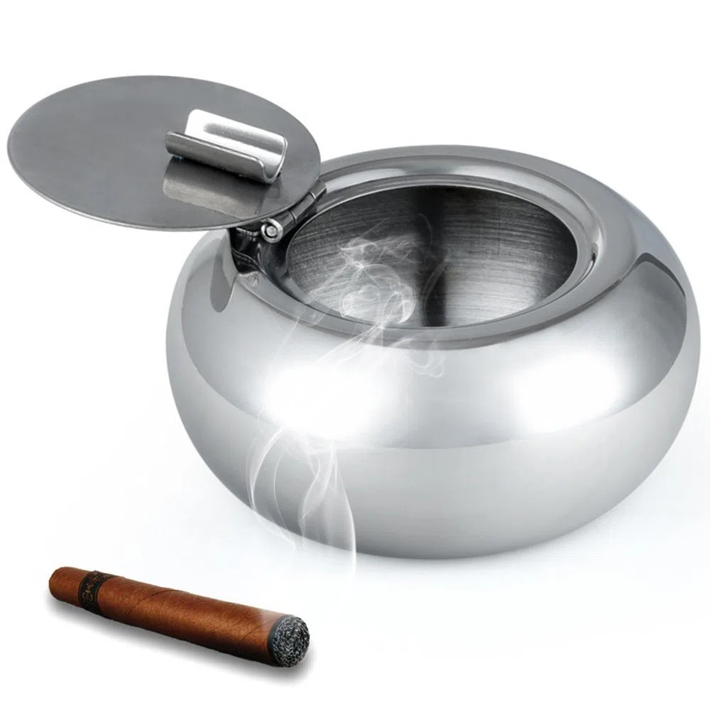 Posacenere per sigaretta in acciaio inox con coperchio, MAXIN antivento sigaretta posacenere fumatori cenere ufficio cenere vassoio cenere per la decorazione dell'ufficio a casa-argento.