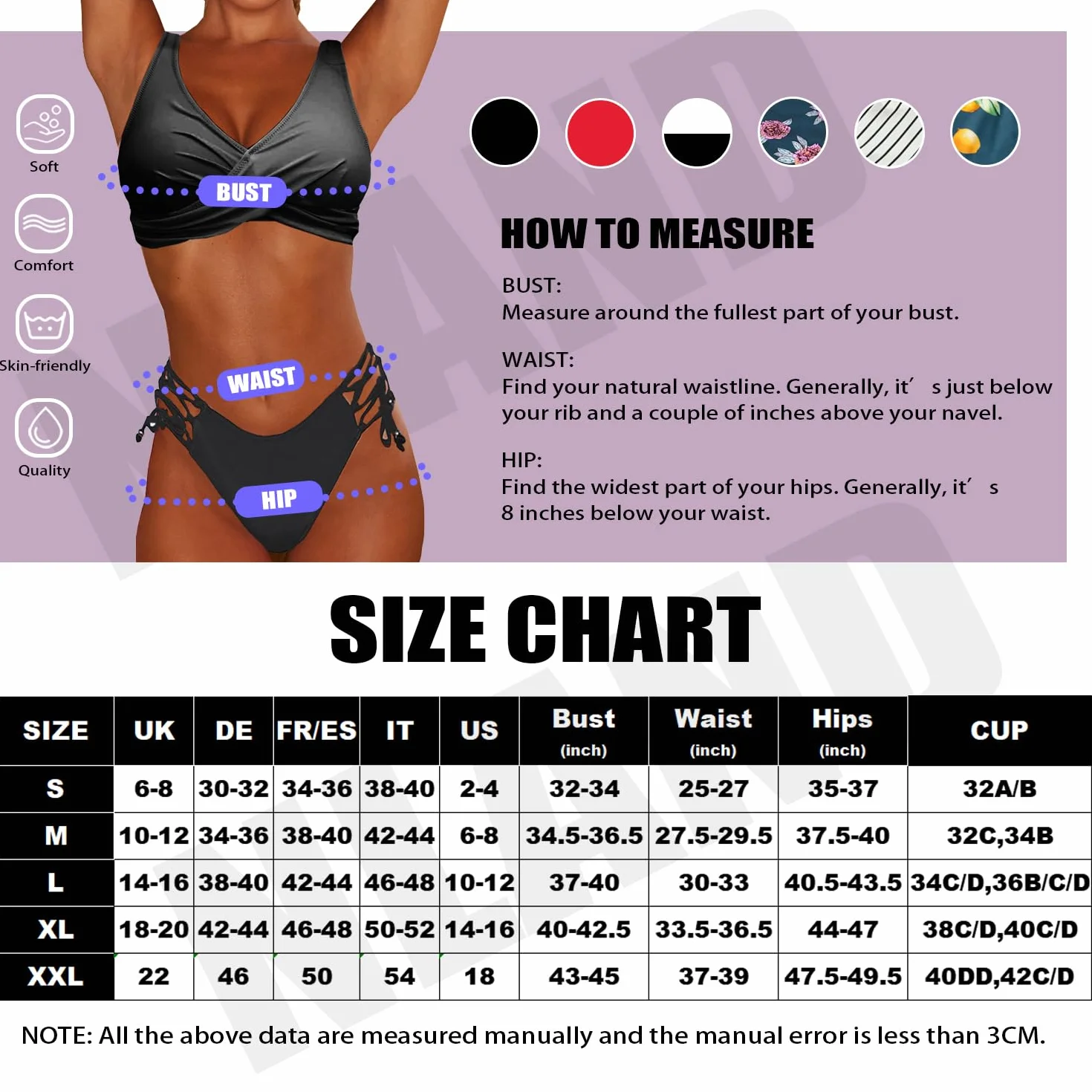 Costume Donna Due Pezzi Scollo a V Push up Bikini Set Costumi da Bagno Imbottito Reggiseno Vita Bassa Curvy con Cinturino Laterale Abiti da Spiaggia Swimwear Beachwear