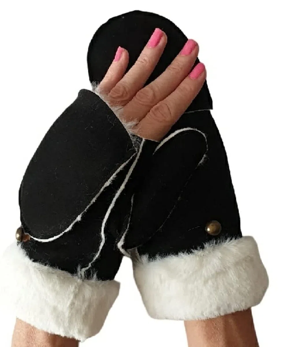 Guanti Invernali Donna Eleganti in Eco Pelle Scamosciata – Muffole Apribili Calde con Interno Felpato e Polsino in Eco Pelliccia – Taglia S/M