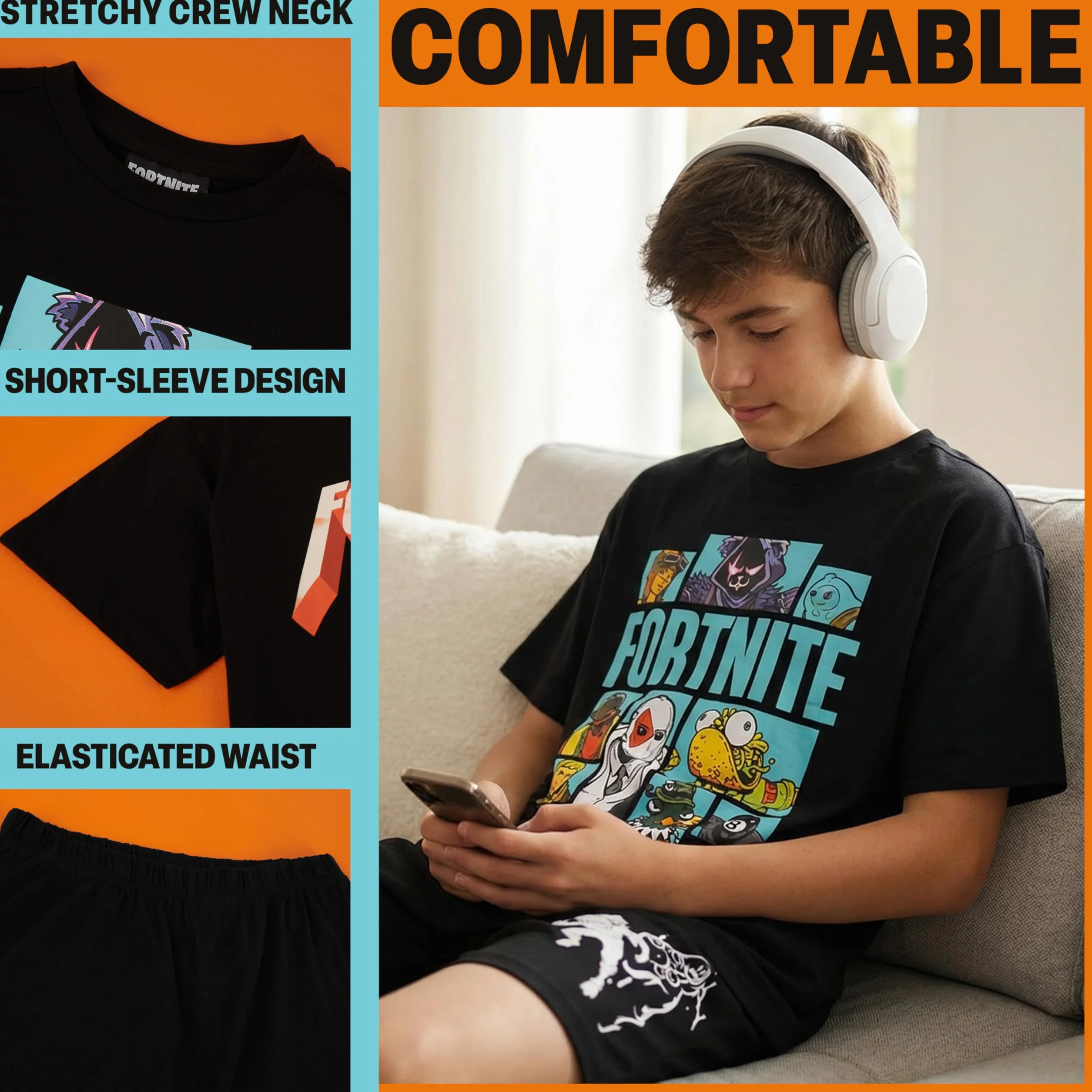 Fortnite Pigiama Ragazzo 7-14 Anni, Set Manica Corta Pigiami Bambini, Abbigliamento da Casa Estivo Traspirante, Regalo Bambino