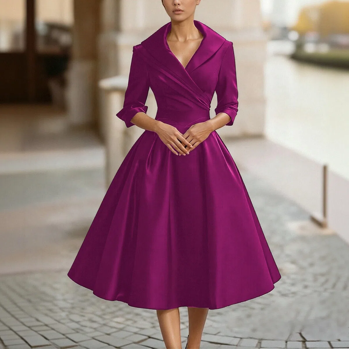 Vestito Vintage Anni 50 60 Stile Hepburn Intura Monopetto A-Line Ricamo Manica Lunga Abiti Eleganti con Scollo V Midi Vestito da Cocktail Banchetto Formale Ufficio per Matrimoni, Cerimonia