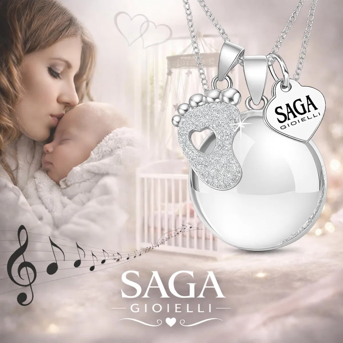 SAGA GIOIELLI - Collana Chiama Angeli Gravidanza Lunga con Ciondolo Richiamo Degli Angeli Gravidanza, Idee Regali per Donne Incinte come Porta Fortuna, Regalo per Futura Mamma (Piedino Cristalli)