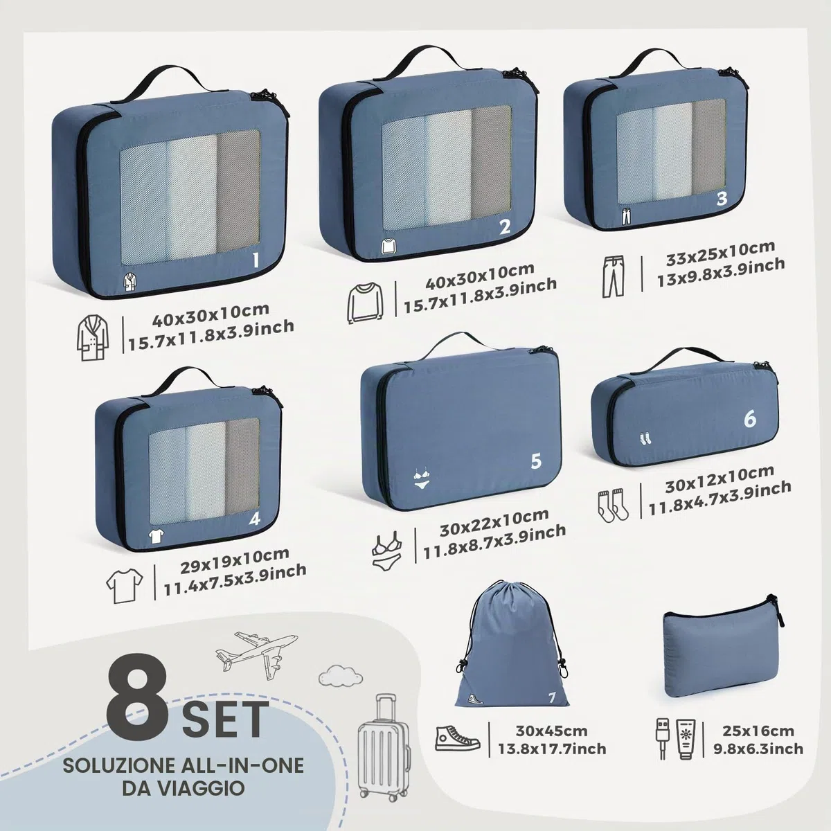 Organizer Valigia 8 Pezzi Packing Cubes, organizer da Viaggio Organizer Valigia Salvaspazio Accessori da Viaggio per Zaino Suitcase Blu