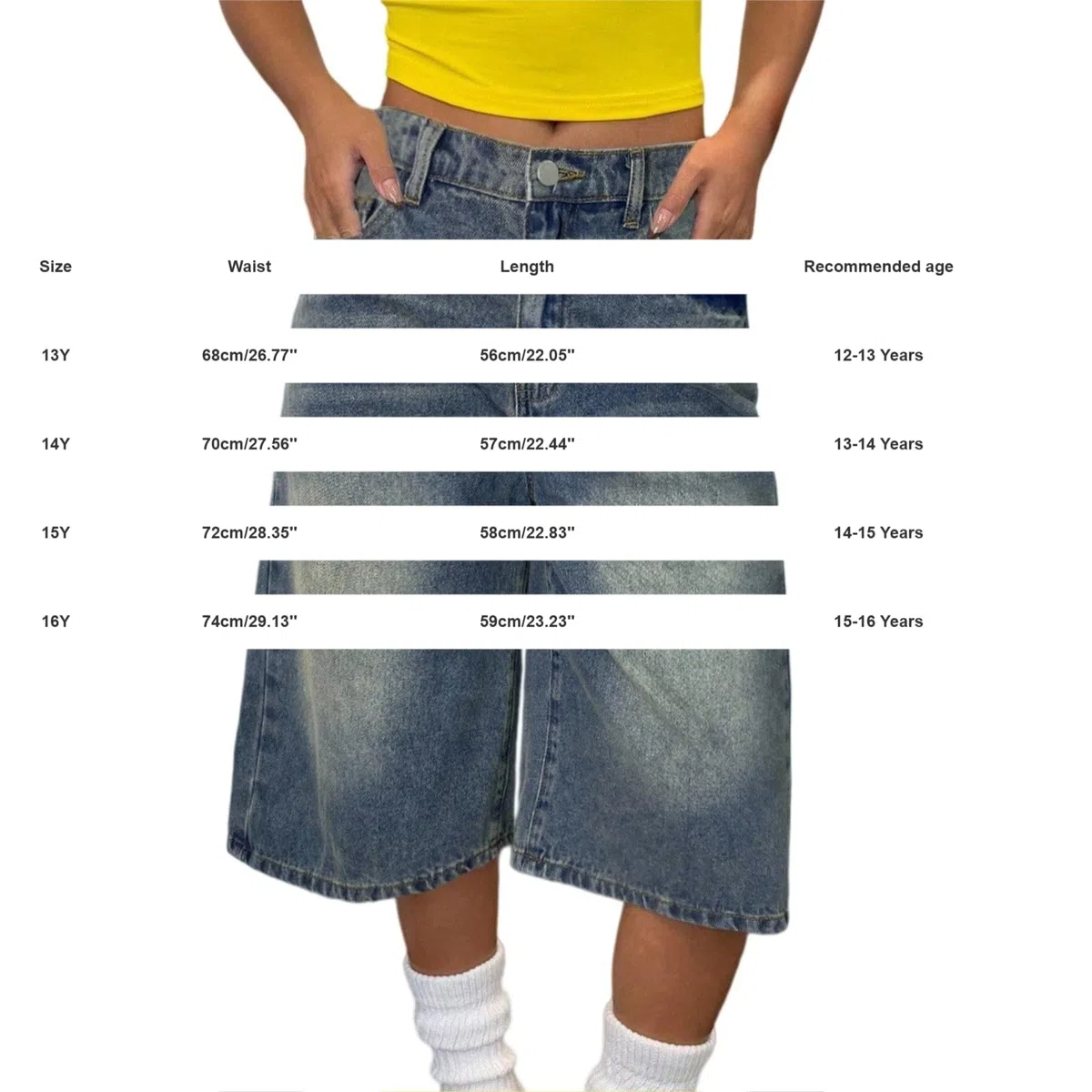 Bermuda per ragazze Pantaloncini in jeans per bambini lunghezza al ginocchio Pantaloncini in denim adolescenti Vintage Trendy Capri Jeans estivi a vita alta Y2K Hip Hop Streetwear lavato estetico