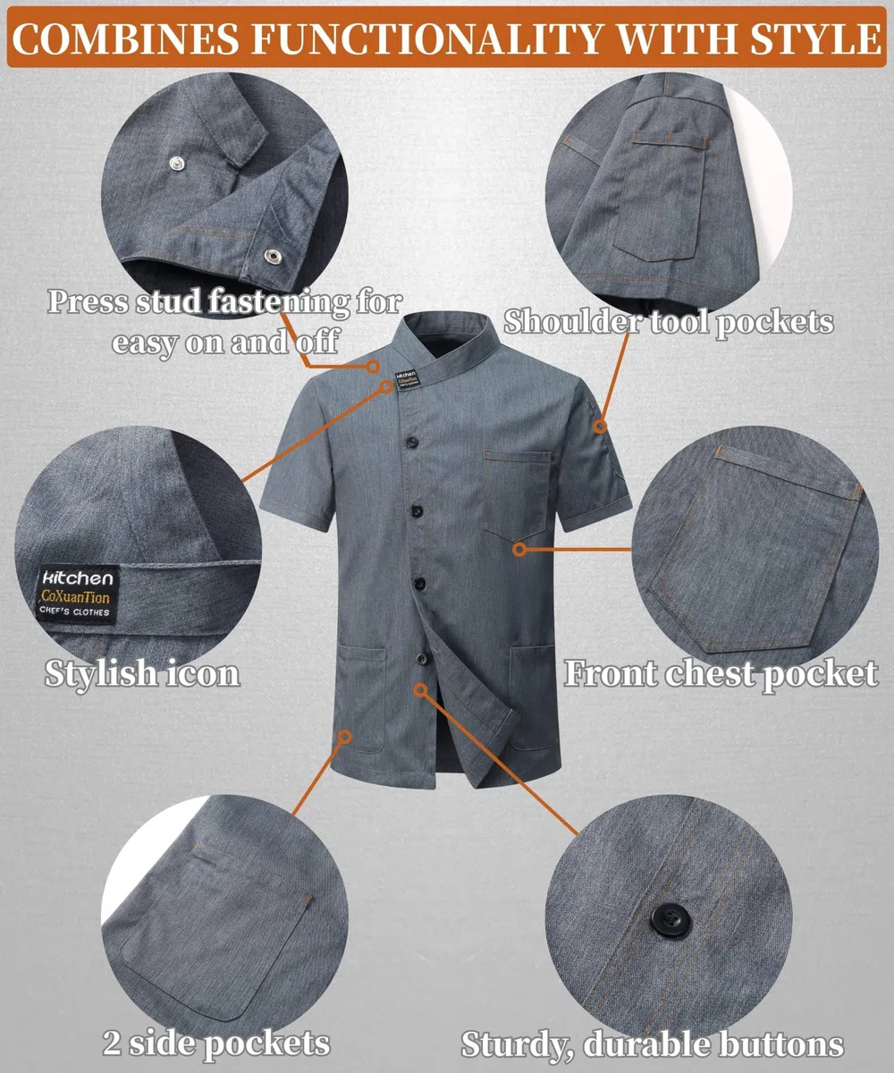 Giacca Cuoco Uomo e Donna con i Bottoni Cotone Professionale Giacca Cuoco Maniche Corte Uniforme Ristorante Lavoro Abbigliamento vestibilità Moderna